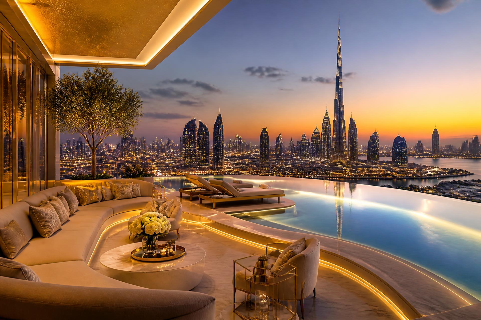 Dubai skyline at twilight seen from a private penthouse terrace